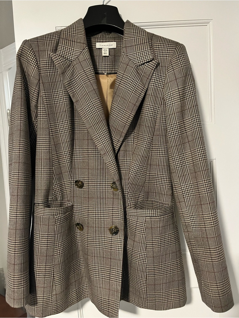 Topshop Brown Plaid Double Breasted Blazer
